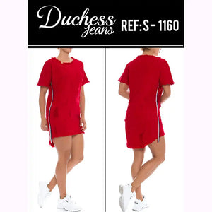 VESTIDO EN JEANS COLOMBIANO DUCHESS REF. S1160 ROJO - TAINAMODALATINA.ES